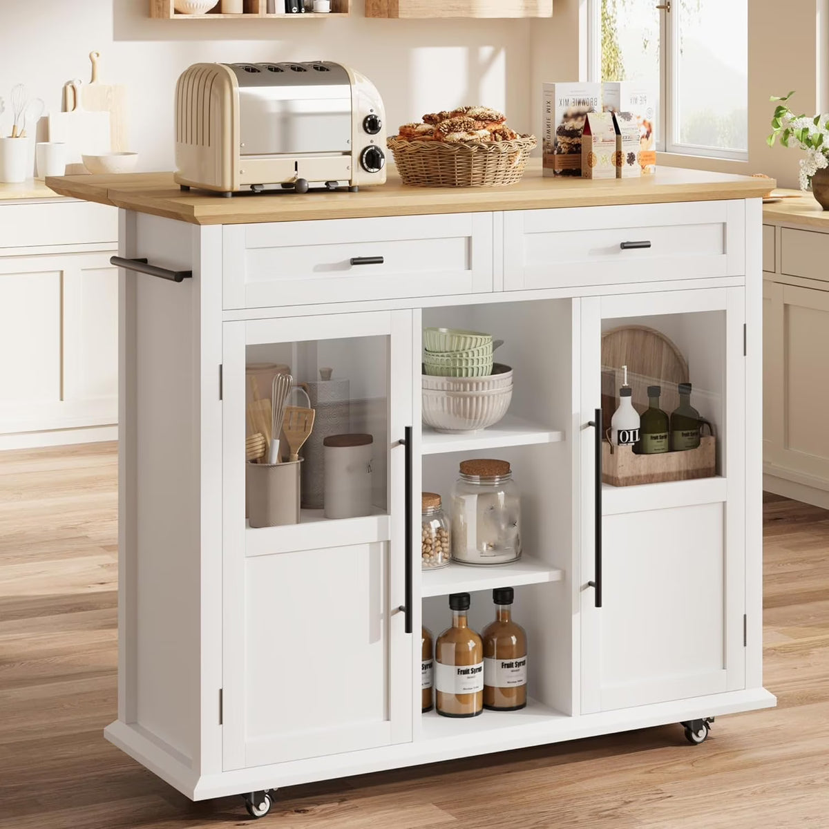 WALYWIK Foldable Kitchen Island Cart with Wheels, 2 Glass Doors, Spice Rack & Towel Holder Compact Mobile Storage Cart for Small Kitchens, Dining Rooms, Camping & RVs - Grey