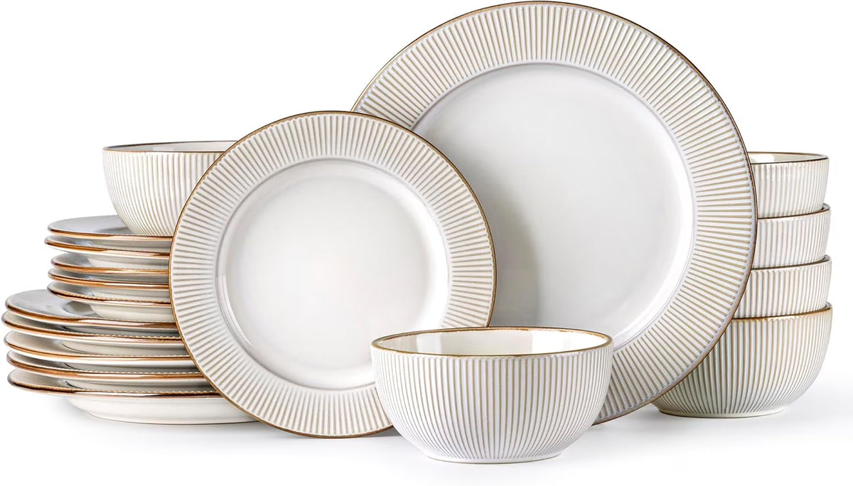 18-Piece Embossed Ceramic Dinnerware Set Dishwasher Microwave Safe Stackable Modern Gift for Wedding Housewarming