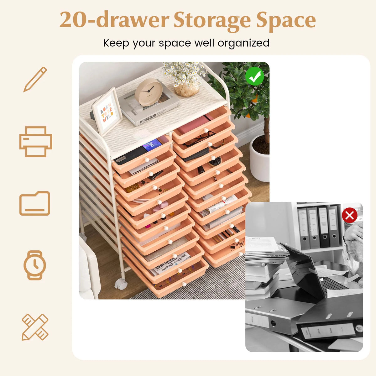 Costway 20 Drawer Rolling Storage Cart Tools Scrapbook Paper Office School Organizer Yellow