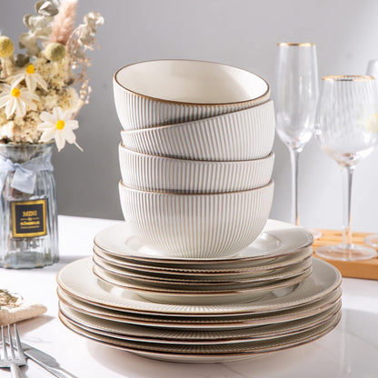 18-Piece Embossed Ceramic Dinnerware Set Dishwasher Microwave Safe Stackable Modern Gift for Wedding Housewarming