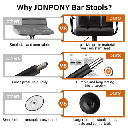 JONPONY Bar Stools Set of 2, Back and Armrest,Vintage Leather Modern Bar Chairs for Home and Kitchen Counter,Black,Low Back