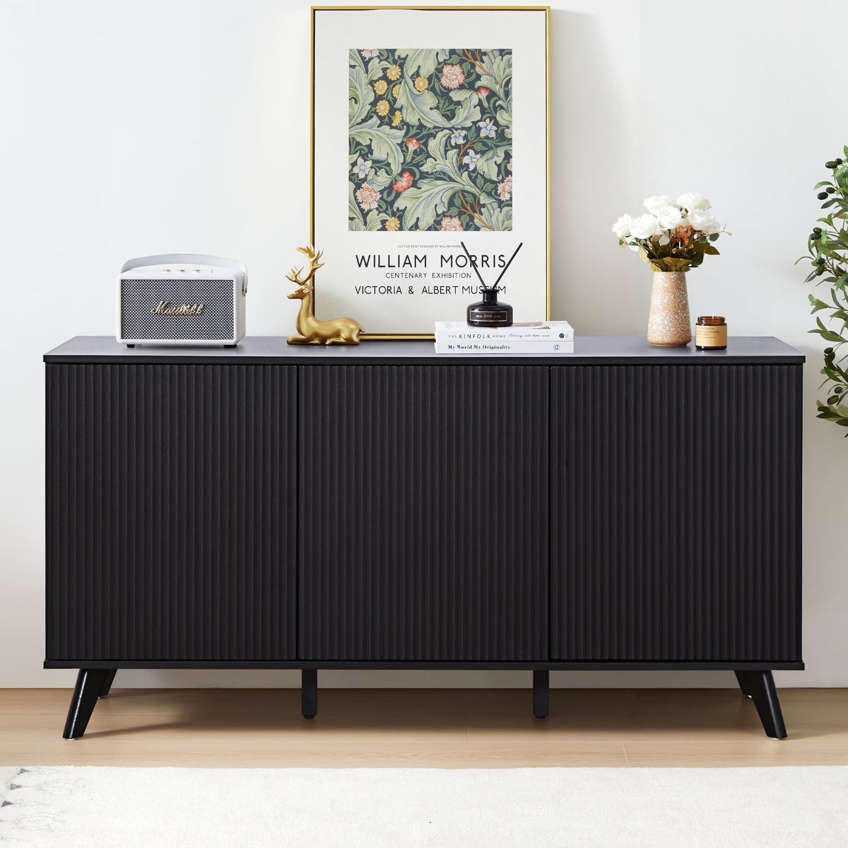 Wirrytor Sideboard Storage Cabinet with Doors and Shelves, Buffet Cabinet with Storage, Credenza Storage Cabinet for Kitchen, Wooden Fluted Cabinet, Under TV Cabinet with Storage - Black