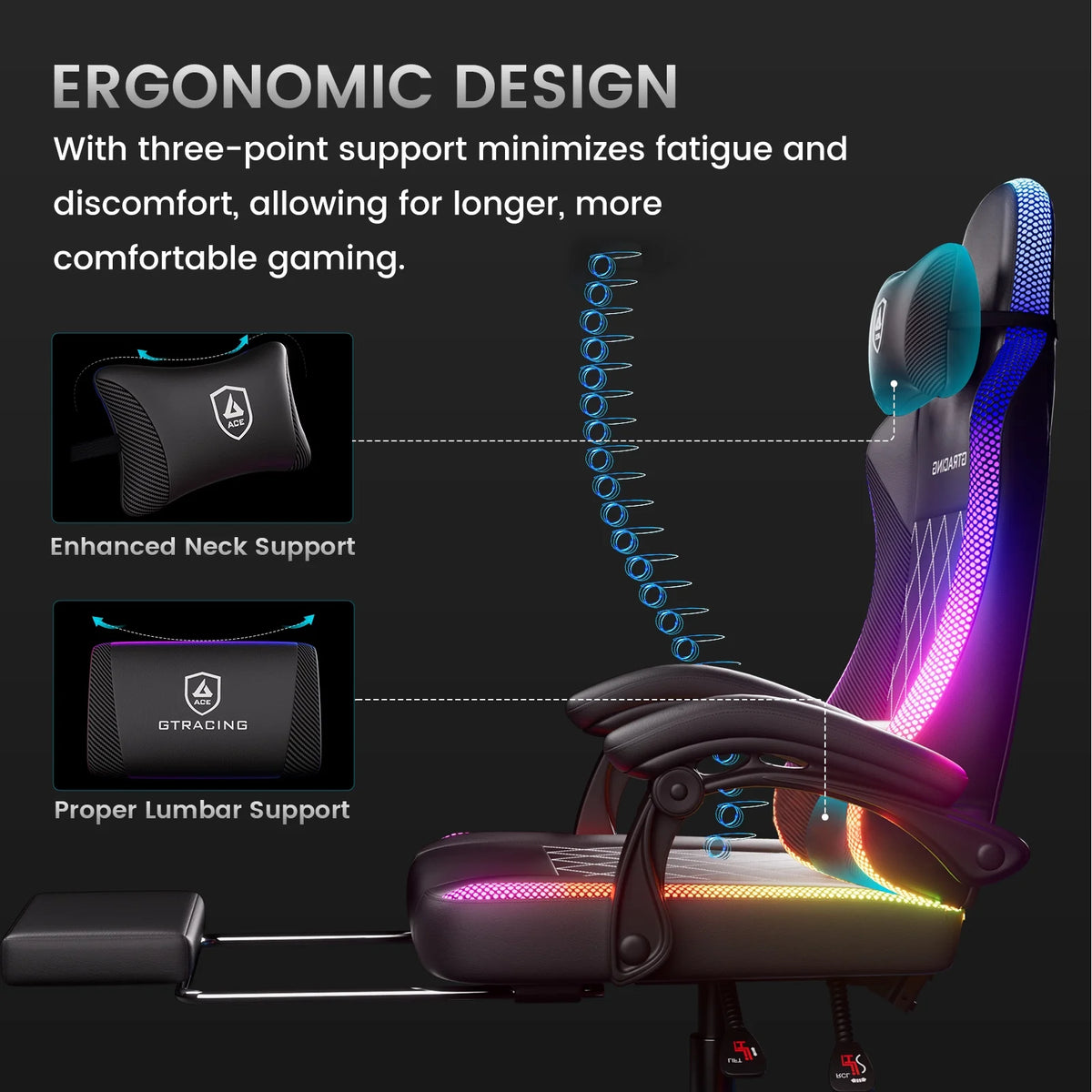 GTRACING RGB Ergonomic Gaming Chair with Massage, LED Lights, Footrest, Lumbar Support and Backrest, Black