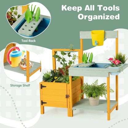 Gymax Wooden Potting Bench for Kids w/ See-Through Window Planter Box Garden Trellis