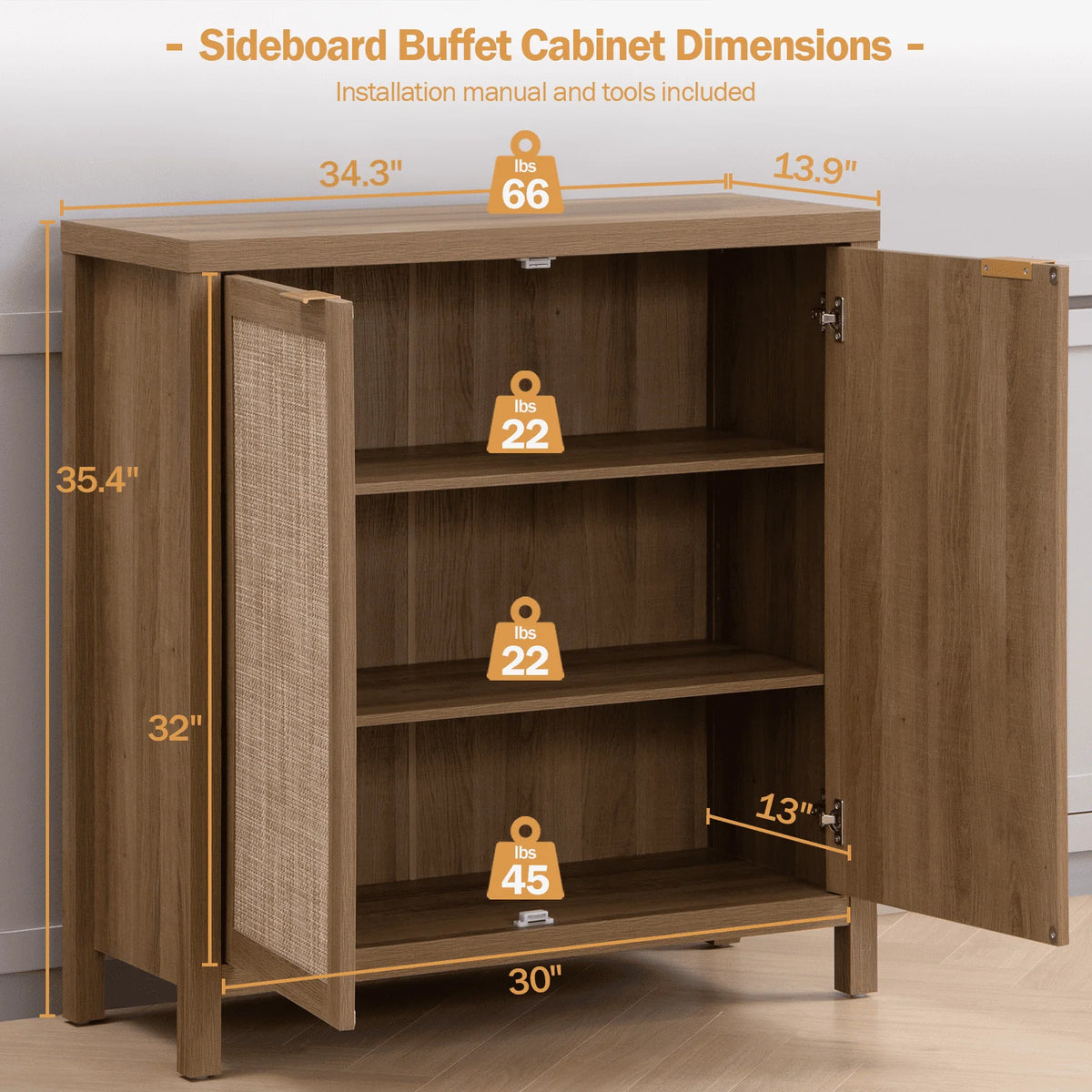 Sanspredet Sideboard Buffet Cabinet Set of 2, Rattan Cabinet with Doors Farmhouse Kitchen Storage Cabinet, Boho Liquor Cabinet Accent Cabinet