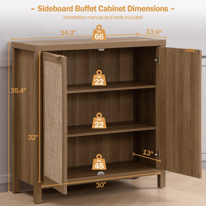 Sanspredet Sideboard Buffet Cabinet Set of 2, Rattan Cabinet with Doors Farmhouse Kitchen Storage Cabinet, Boho Liquor Cabinet Accent Cabinet