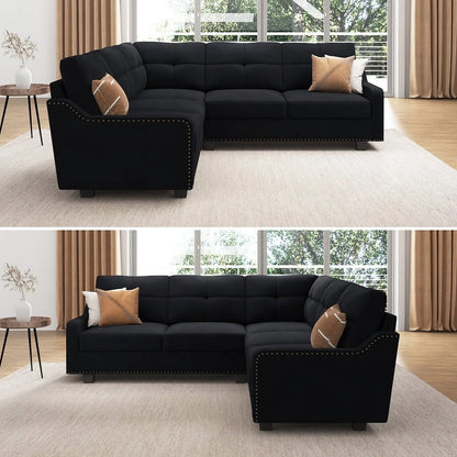 HONBAY Rivet Corner Sofa L-Shaped Sofa Couch Reversible 4-Seater Couch for Living Room and Apartment, Dark Blue