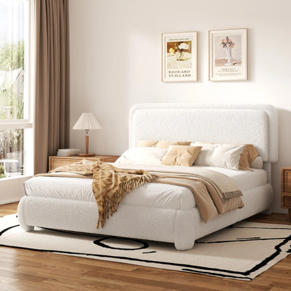 VIPLOV King Size Boucle Bed Frame, Cloud Upholstered Platform Bed with Height Adjustable Headboard & Soft Rounded Corners, No Noise Free, Easy Assembly,Beige