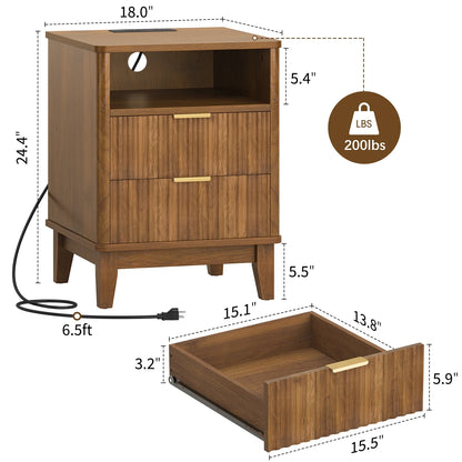 Night Stand with Charger Station, Fluted Nightstand with 2 Drawers and Storage Shelf, Mid Century Modern End Table for Bedroom Living Room,Natural