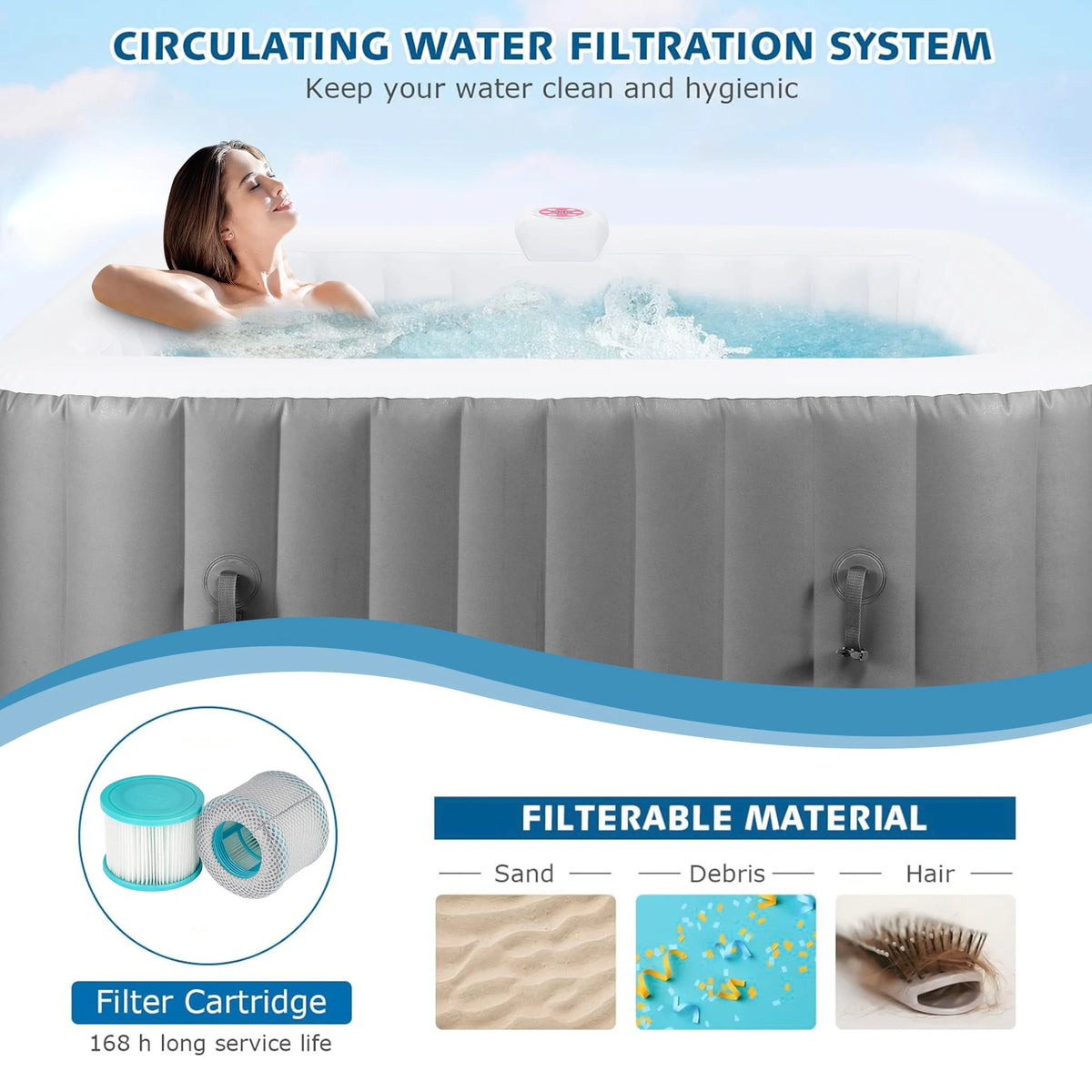 73 inch 4-6 Person Inflatable Hot Tub Spa with Control Panel, Outdoor Portable Hottub with 130 Jets, Insulated Tub Cover and Floor Protector, Temperature up to 104F, Gray