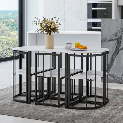 7-Piece Dining Table Set with 6Stools - Industrial Compact Kitchen Table & Chairs Sets, Space-Saving Design for Apartment, Small Space, Breakfast Nook