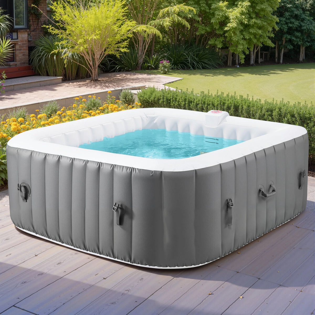 73 inch 4-6 Person Inflatable Hot Tub Spa with Control Panel, Outdoor Portable Hottub with 130 Jets, Insulated Tub Cover and Floor Protector, Temperature up to 104F, Gray