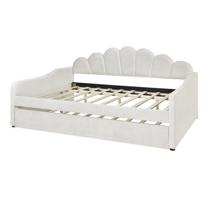 EUROCO Upholstery Full Size Platform Bed, Upholstered Daybed with Headboard and Trundle, Beige