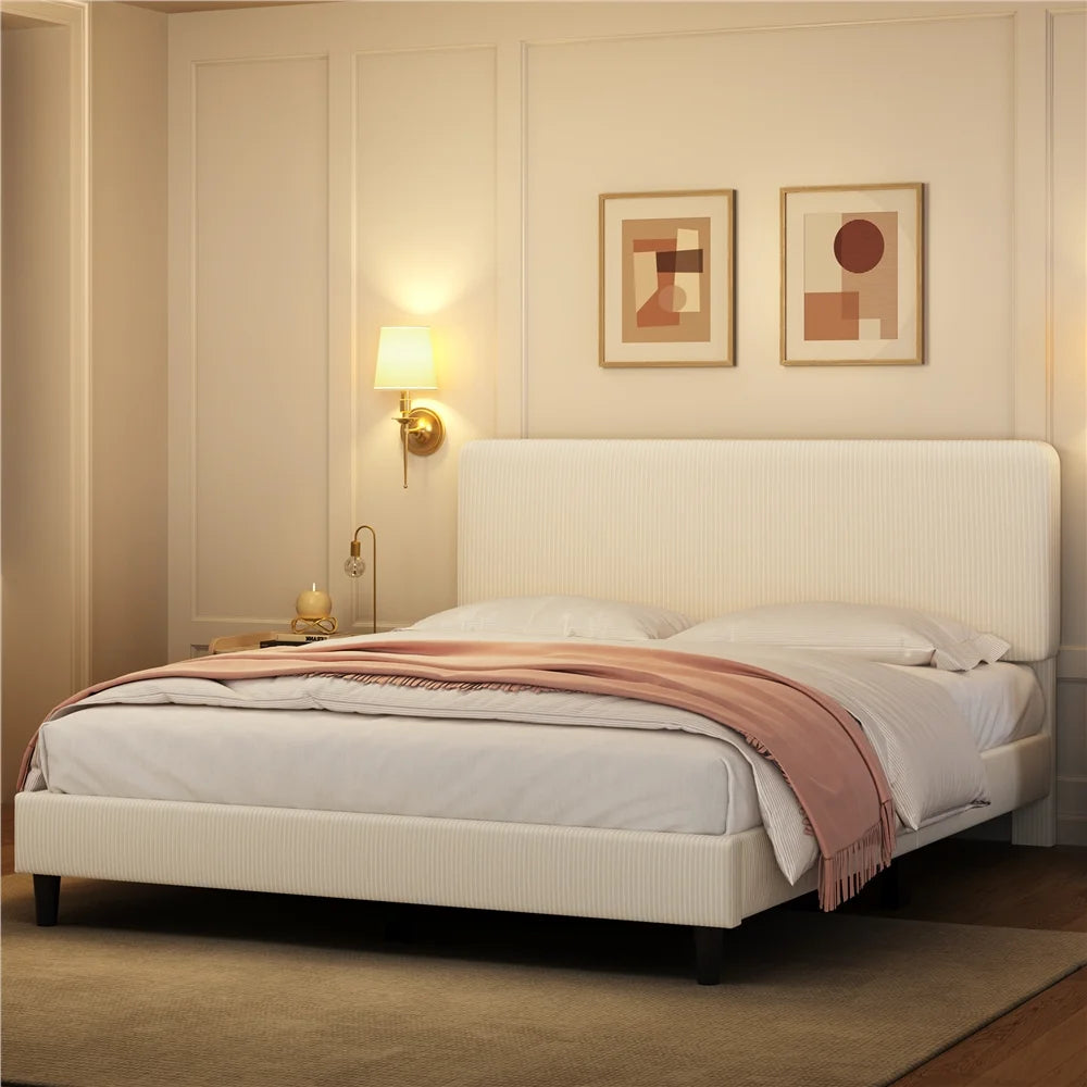Yaheetech Upholstered Platform Bed with Adjustable Headboard, Queen, Beige