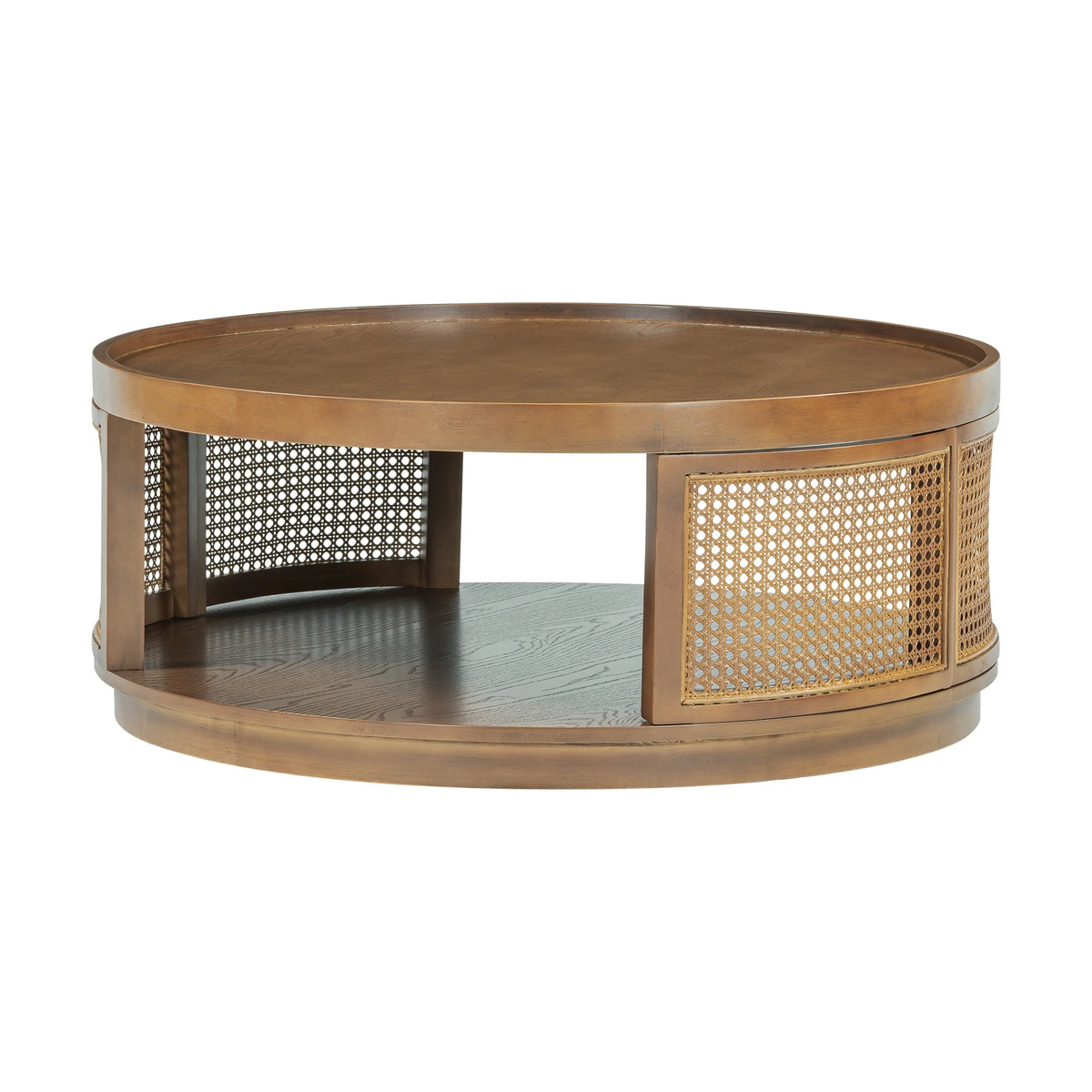 Harper & Bright Designs Rattan Round Coffee Table with Storage Shelf, Round Cane Wood Center Table for Living Room, 37'' Brown