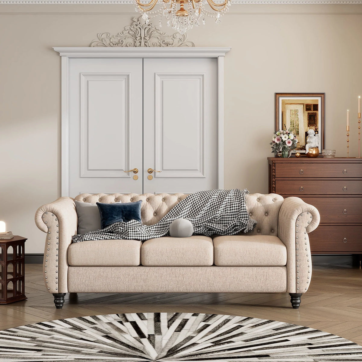 Classic 3 Seater Button Tufted Sofa, Upholstered Couch with Nailhead Rolled Arms Removable Cushions for Living Room Office Bedroom