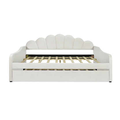 EUROCO Upholstery Full Size Platform Bed, Upholstered Daybed with Headboard and Trundle, Beige