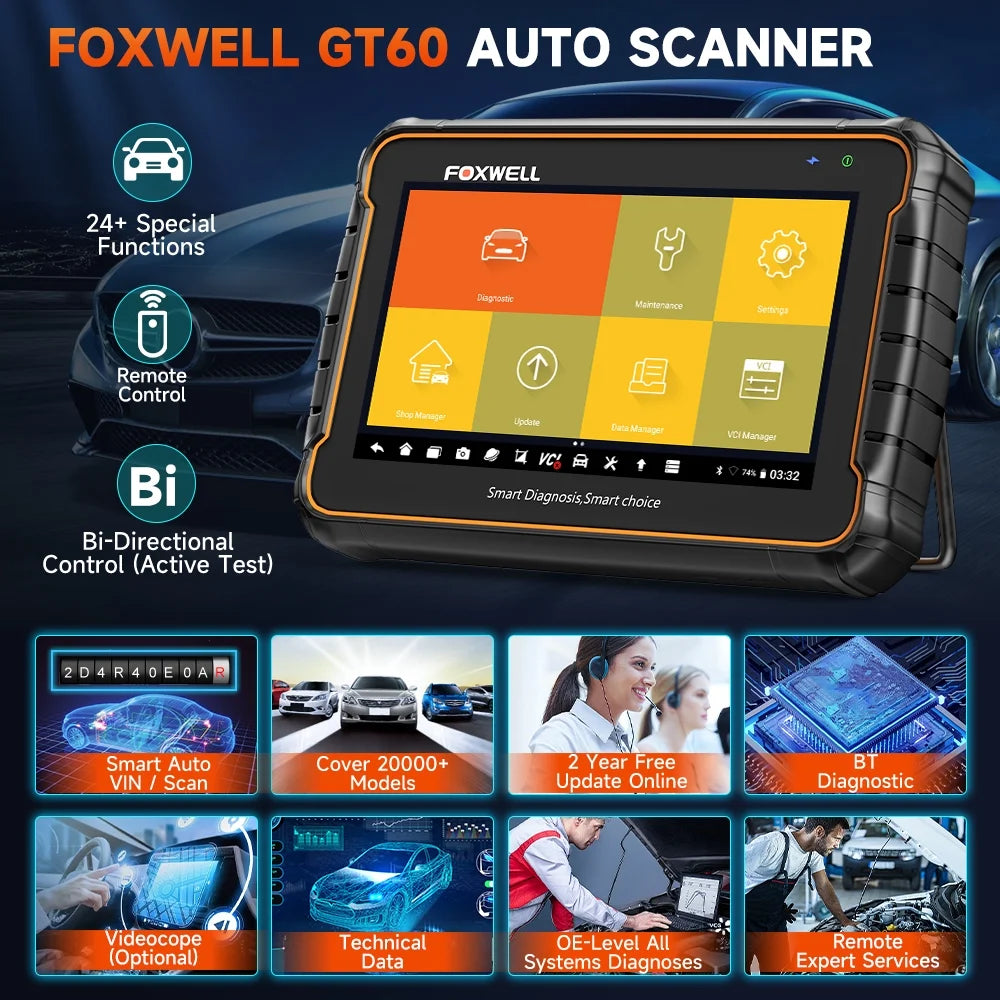 Foxwell GT60 BT Bluetooth OBD2 Scanner All System Automotive Diagnostic Scan Tool 24 Maintenance Functions ABS Bleeding Car Code Reader