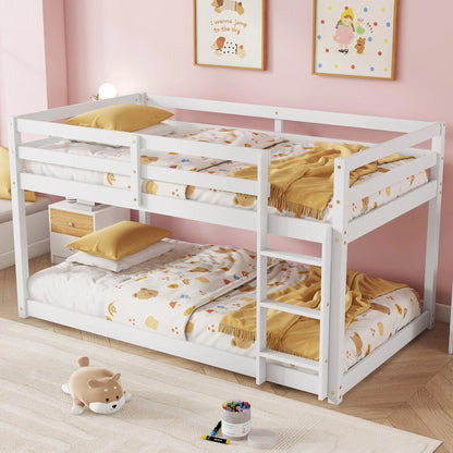 SESSLIFE Bunk Bed Twin Over Twin, Low Floor Bunk Bed with Guard Rails for Dorm, Small Space, No Box Spring Needed(White)