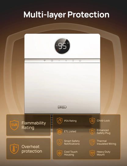 Dreo Smart Wall Heater, IP24 Electric PTC Space for Indoor Use, 30 Oscillation, Adjustable Thermostat, Remote Control, Works With Alexa, 24H Timer, Easy-Mounted for Bedroom, Office