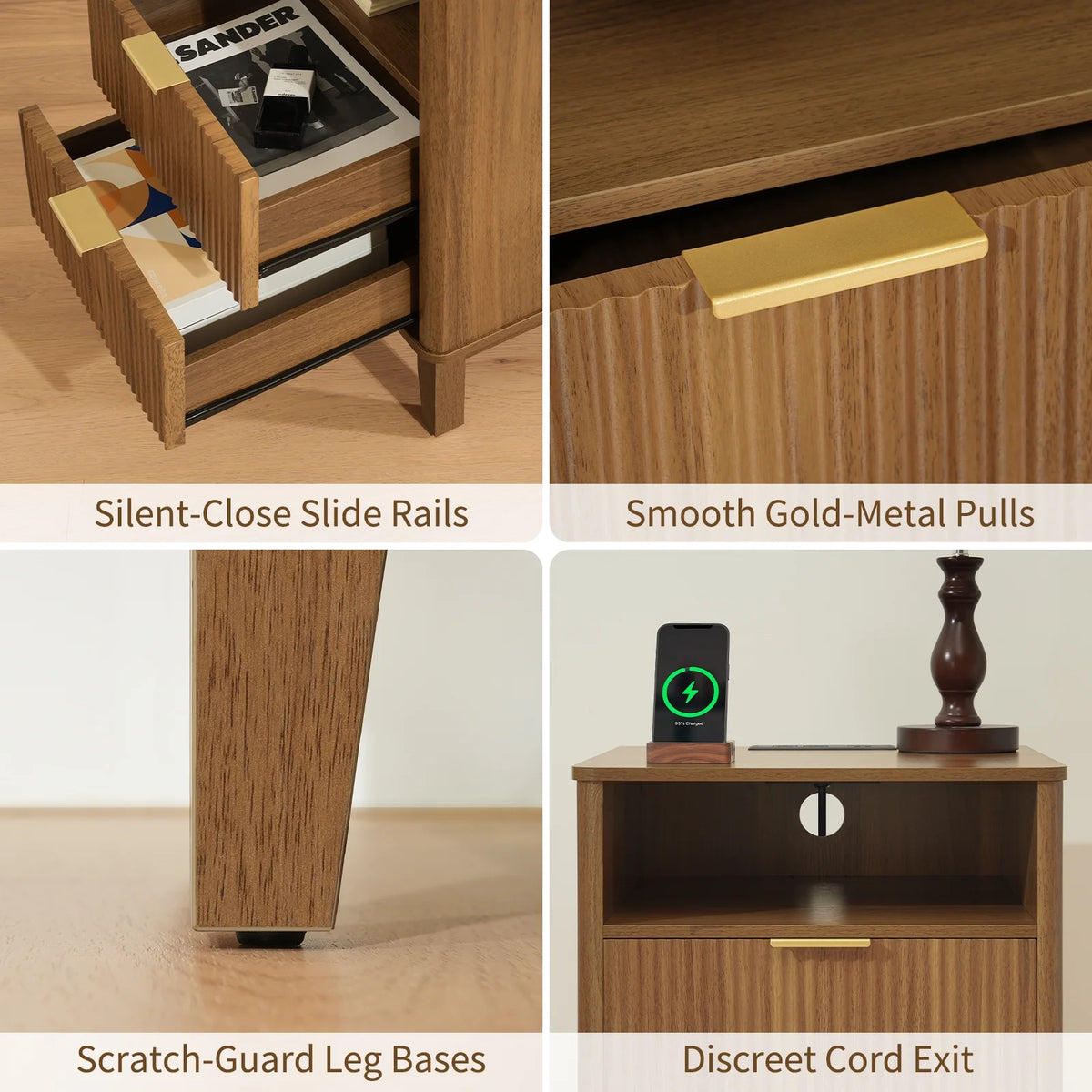 Night Stand with Charger Station, Fluted Nightstand with 2 Drawers and Storage Shelf, Mid Century Modern End Table for Bedroom Living Room,Natural