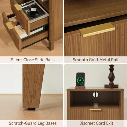 Night Stand with Charger Station, Fluted Nightstand with 2 Drawers and Storage Shelf, Mid Century Modern End Table for Bedroom Living Room,Natural