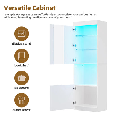 MAYEERTY High Gloss Pantry Cabinet with LED Lights: Modern Bookcase & Display Cabinet for Living Room, Black