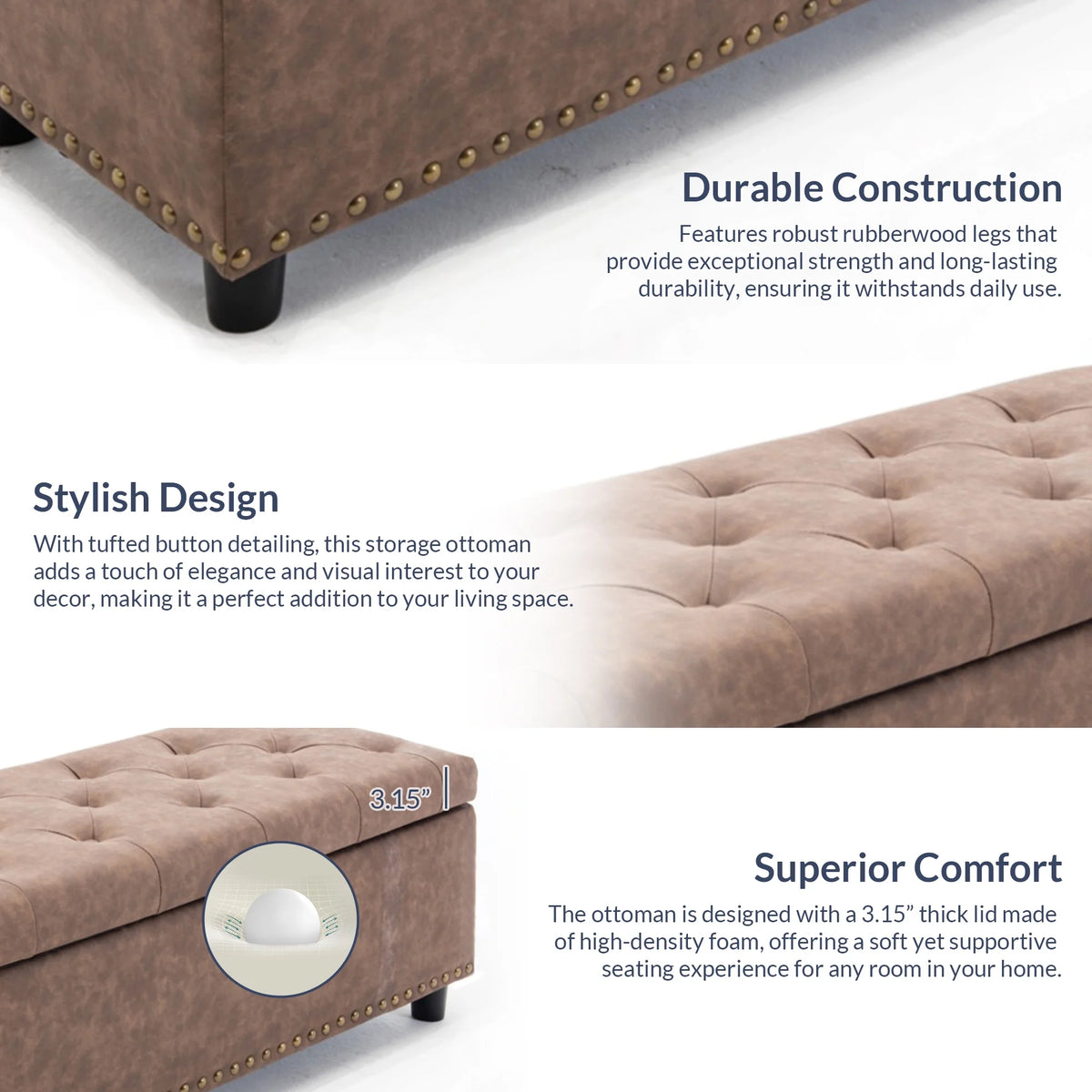 BELLEZE Button-Tufted Faux Leather Storage Ottoman Bench - Brentwood (Dark Brown)