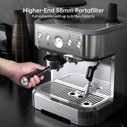 Espresso Machine with Milk Frother and Grinder, 2.5L Water Tank, Brushed Stainless Steel
