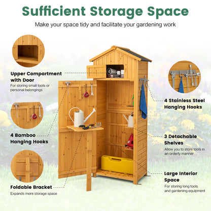 Costway Outdoor Lockable Wooden Storage Shed with Shelves, 71"x29.5"x20", Natural