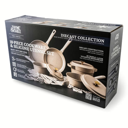 Thyme & Table 18-Piece Non-stick Diecast Cookware & Silicone Utensil Set, Pots and Pans Set - Atlantic Blue