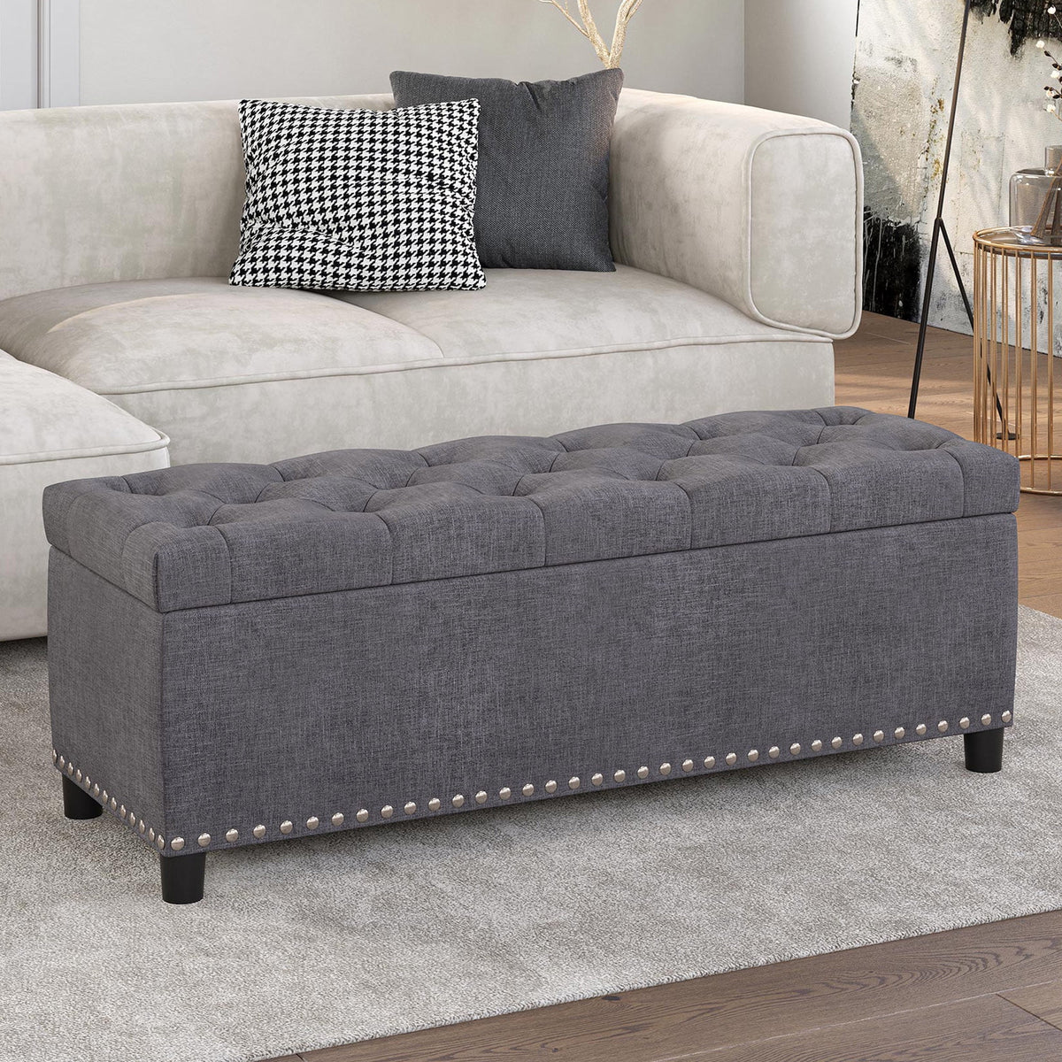 BELLEZE Button-Tufted Faux Leather Storage Ottoman Bench - Brentwood (Dark Brown)