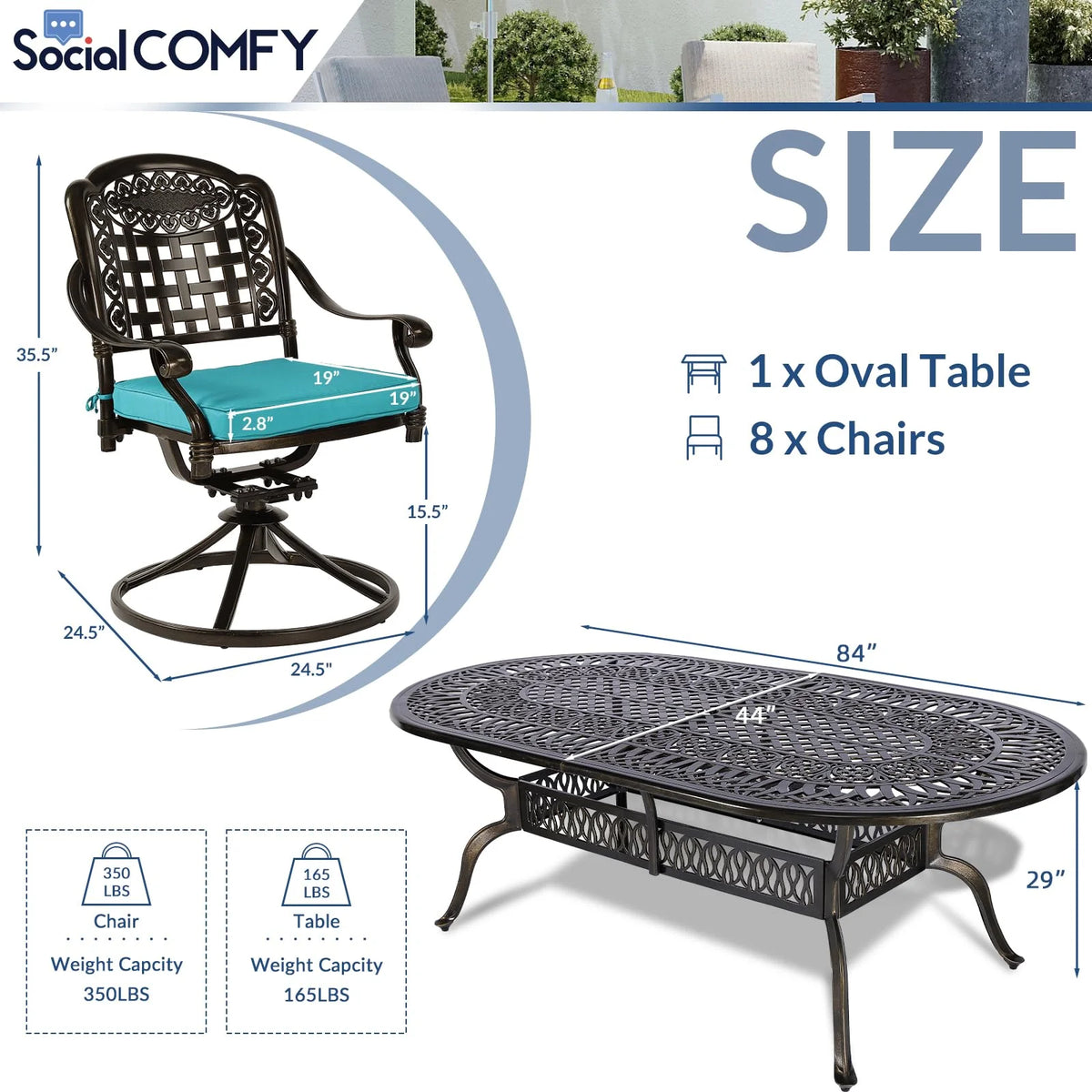 9-Piece Patio Cast Aluminum Dining Set, 8 Person Outdoor Dining Furniture Set, includes 84" Oval Table and 8 Swivel Dining Chairs with Umbrella Hole for Patio Deck Garden, Tan