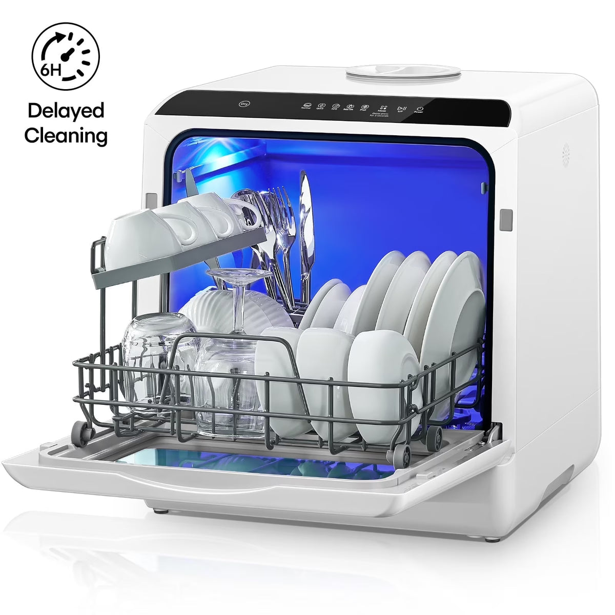 FOHERE Countertop Dishwasher with 6H Delay Cleaning, Portable Dishwasher w/5L Built-in Water Tank, 6 Programs, 360 Dual Spray, High-Temp