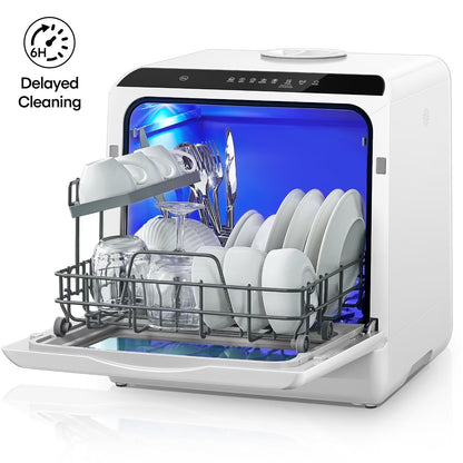 FOHERE Countertop Dishwasher with 6H Delay Cleaning, Portable Dishwasher w/5L Built-in Water Tank, 6 Programs, 360 Dual Spray, High-Temp