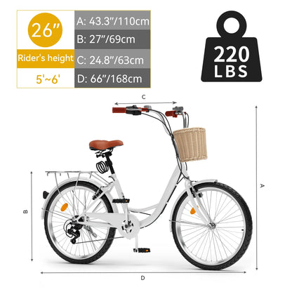 Dextrus 26 Inch Beach Cruiser Bike for Women - 7 Speed Commute Bike for Adults - Womens Bicycle with Adjustable Seat in White