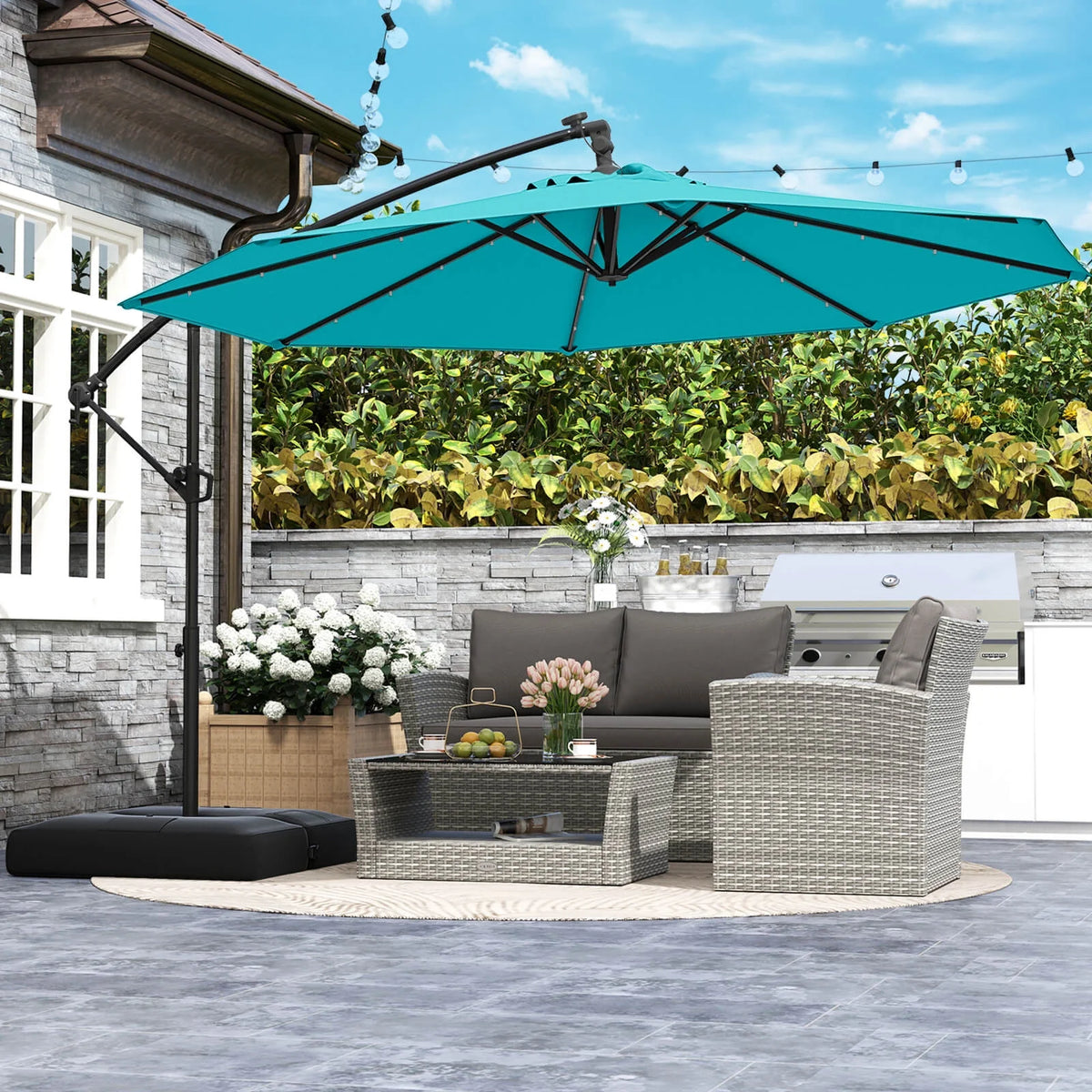 Costway 10 FT Solar Offset Hanging Umbrella Patio Cantilever Umbrella with 32 LED Lights Brown