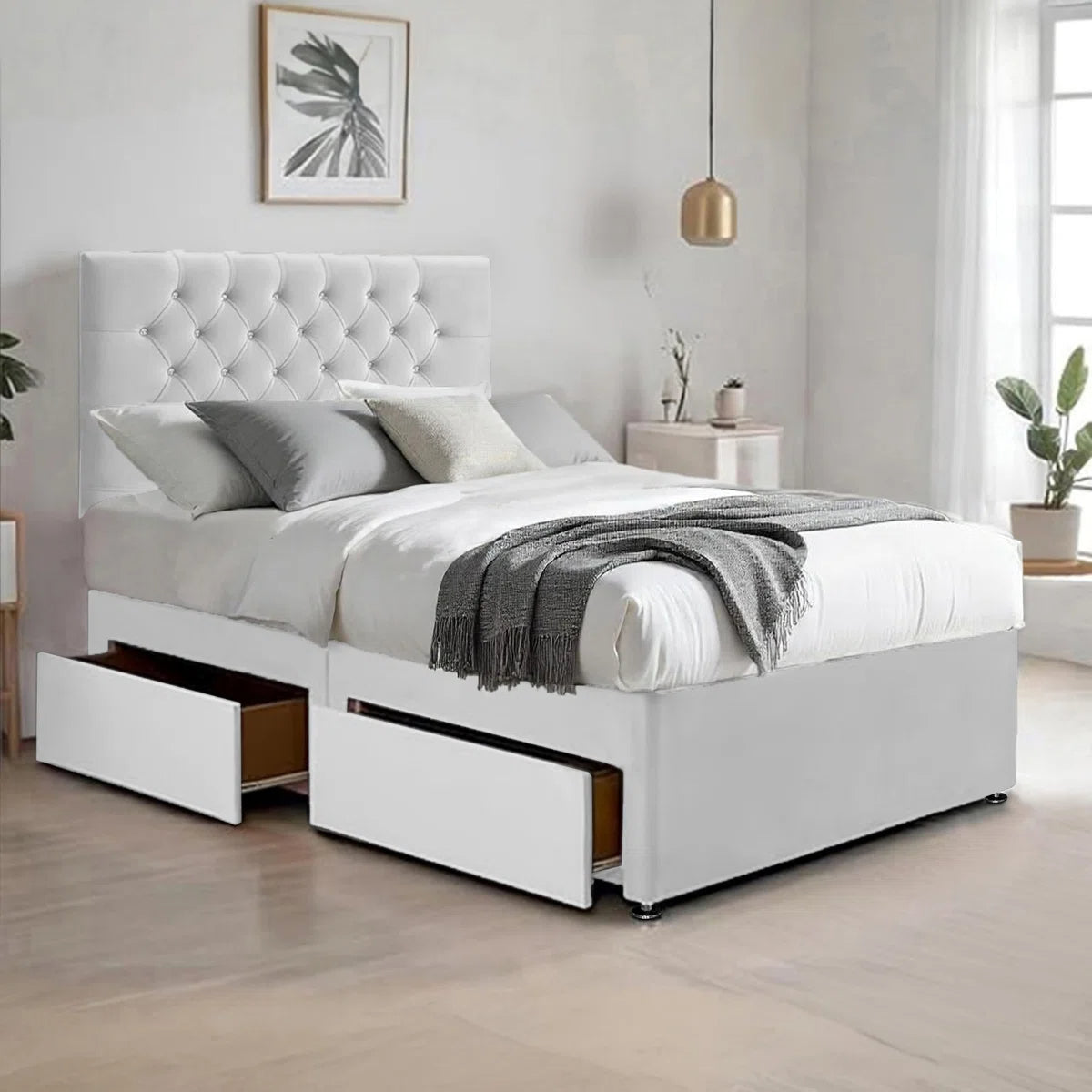 Suede Divan Bed & Mattress Set with 26''Chesterfield Headboard & 10'' Coilspring Foam Mattress, 2 Storage Drawers - Divan Beds