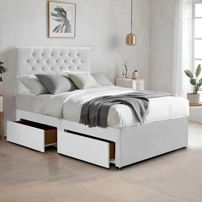 Suede Divan Bed & Mattress Set with 26''Chesterfield Headboard & 10'' Coilspring Foam Mattress, 2 Storage Drawers - Divan Beds
