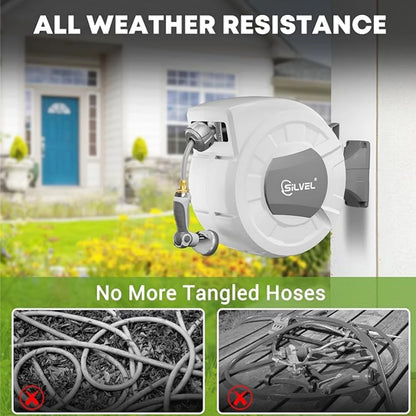 Gewna 1/2 in x 100 ft Retractable Wall Mounted Garden Hose Reel with 10 Pattern Nozzle, Any Length Lock, Slow Return System, 180 Swivel Bracket