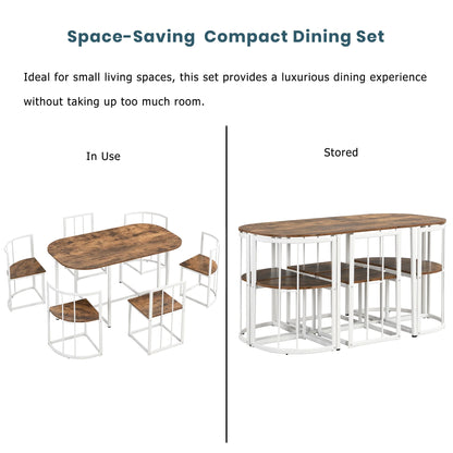 7-Piece Dining Table Set with 6Stools - Industrial Compact Kitchen Table & Chairs Sets, Space-Saving Design for Apartment, Small Space, Breakfast Nook