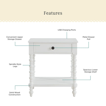 Pioneer Woman Harper Spindle Nightstand with USB Charging Ports, Adults and Teens, White Finish