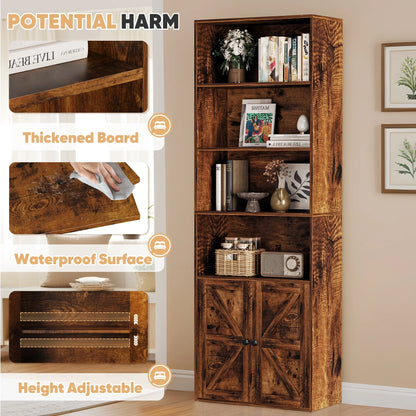 Furmax 1 Piece 4-Shelf Farmhouse Bookcases 4-Tier Bookshelf with Adjustable Shelves&Doors,Storage Cabinet for Home Living room,Kitchen,Office,White