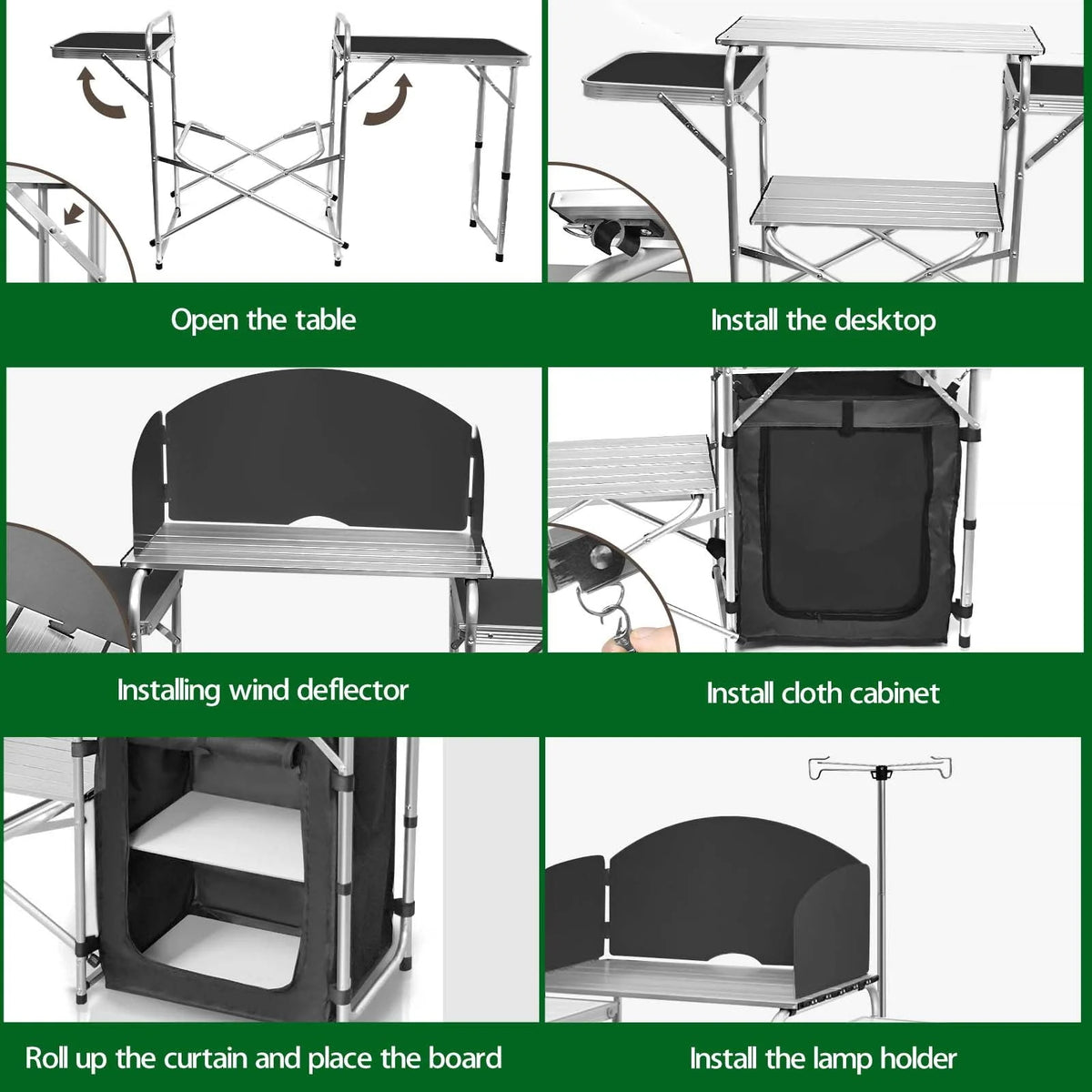Camping Kitchen Station Aluminum Outdoor Cook Table Camping Table Black