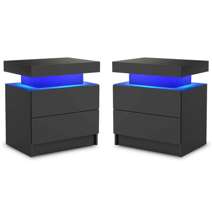LED Nightstand Set of 2, Modern Bedside Table with 2 Drawers Storage Space, Adjustable Colors LED Light, Black