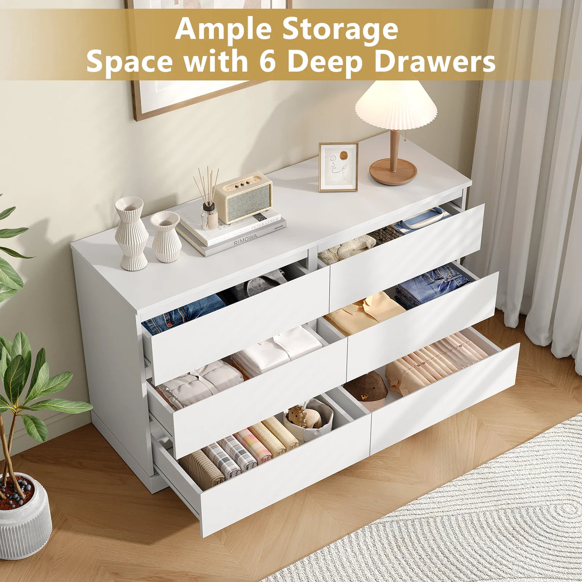 LAFGUR 6 Drawer Double Dresser,Wood Storage Organizer Cabinet Chest for Bedroom Living Room,White